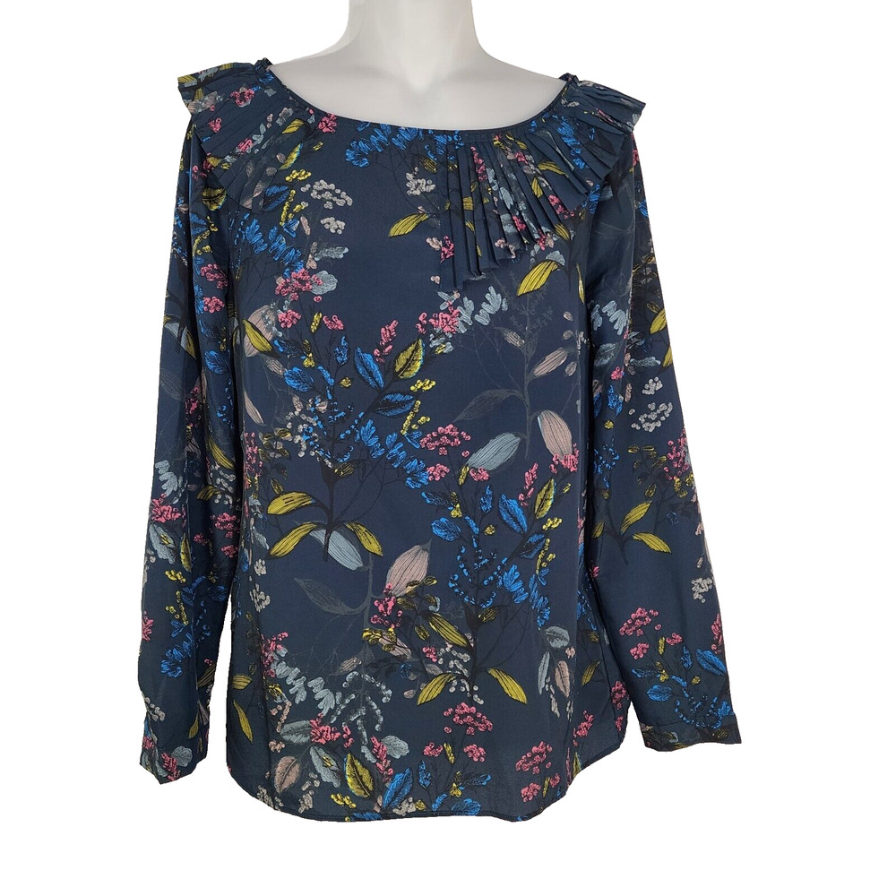Banana Republic Womens Blouse Small Josephine Asymmetical Pleated Floral Teal